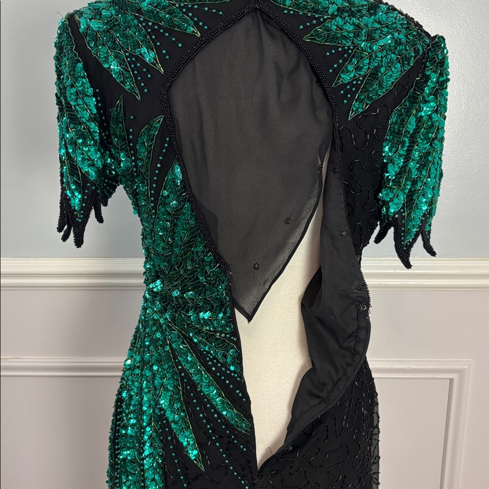 Vintage Carina Black Green Sequin Beaded Dress Size Medium 100% Silk Formal Sz M - Picture 9 of 15